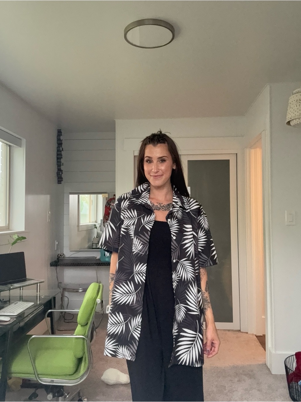 Black and White Palm Print Button-Up Shirt